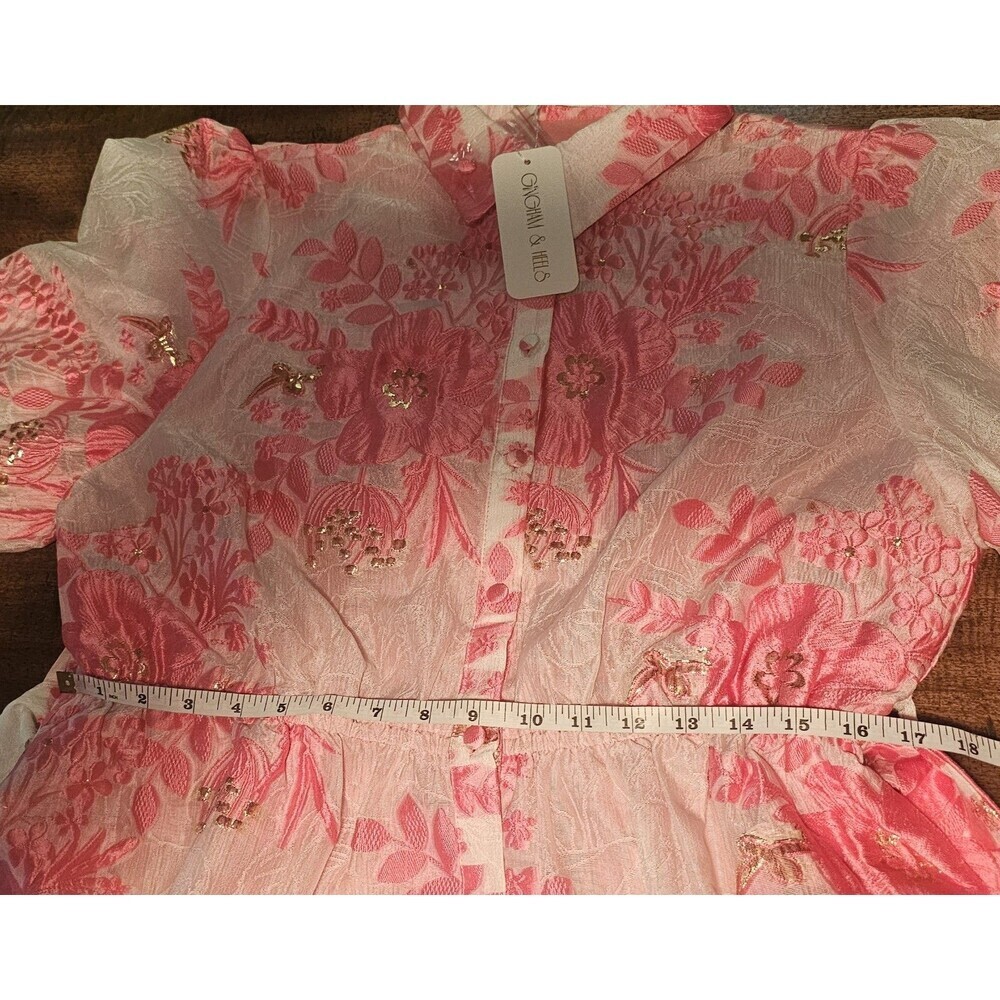 Gingham & Heels Glazer Pink Brocade Embroidered Floral Mini Belt Dress Size 16 - Picture 8 of 16
